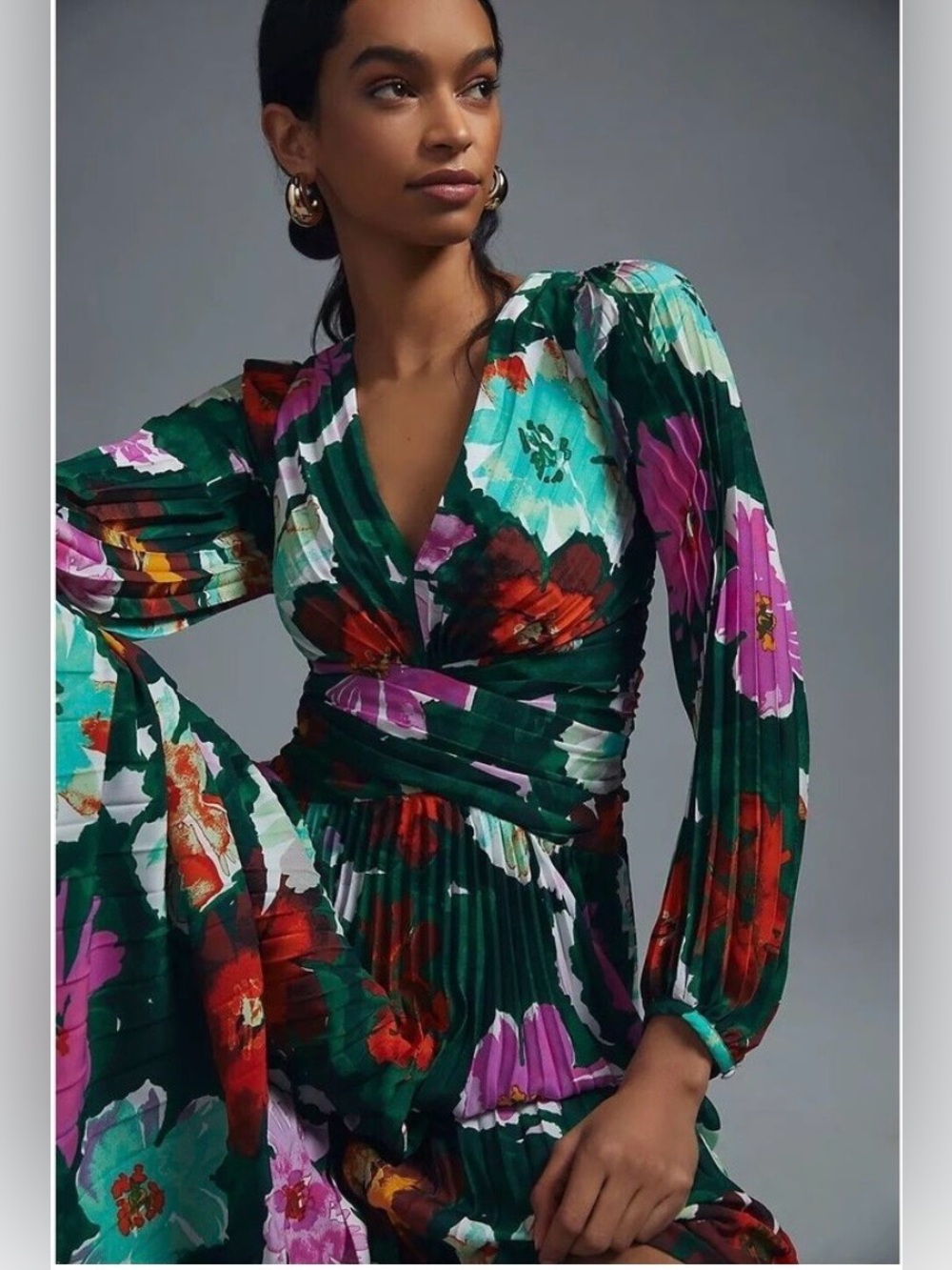 Anthropologie Green Floral Pleated Midi Dress with Multicolor Blooms Size 10